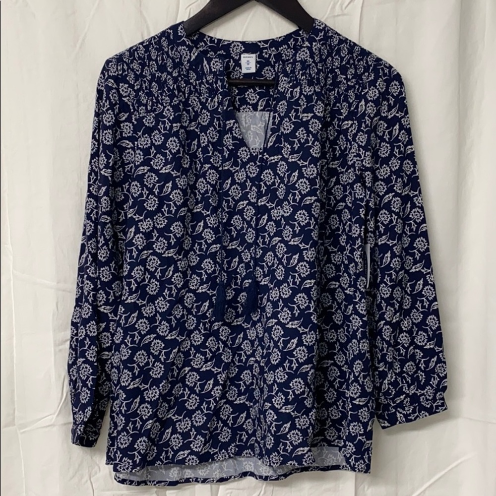 Blue & White Floral Notch Neck LS Blouse